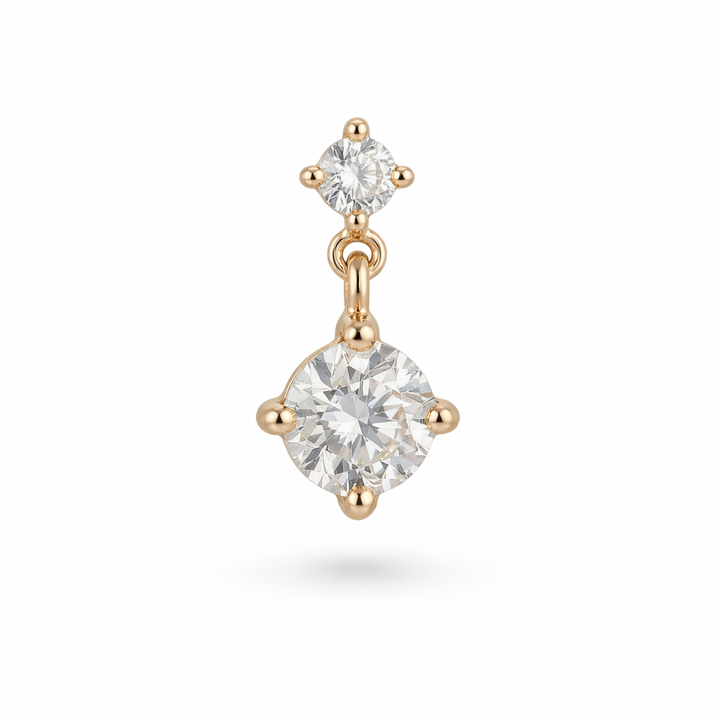 14K gold dangle CZ flatback earring on white background 