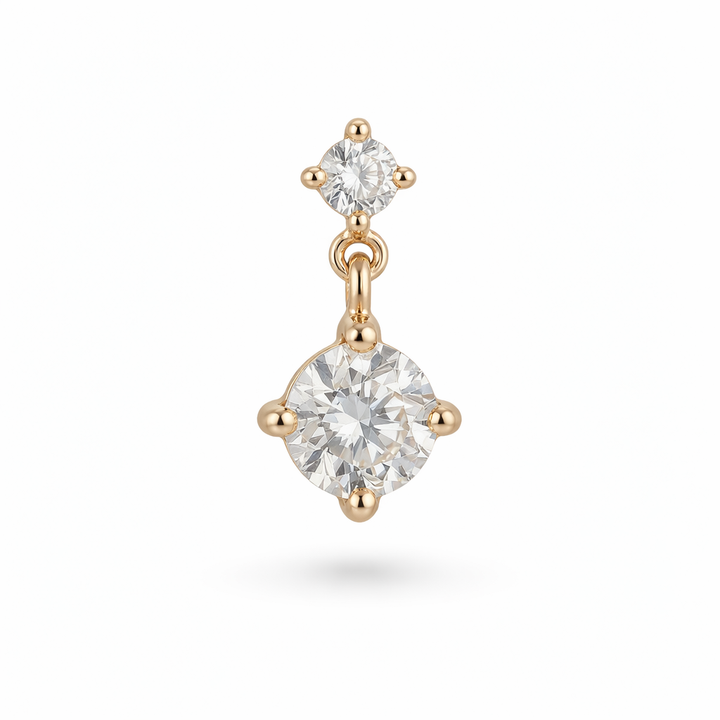 14K gold dangle CZ flatback earring on white background 
