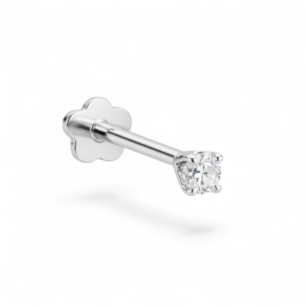 Petite 14K white gold baby solitaire flatback earring featuring a 2mm stone. 
