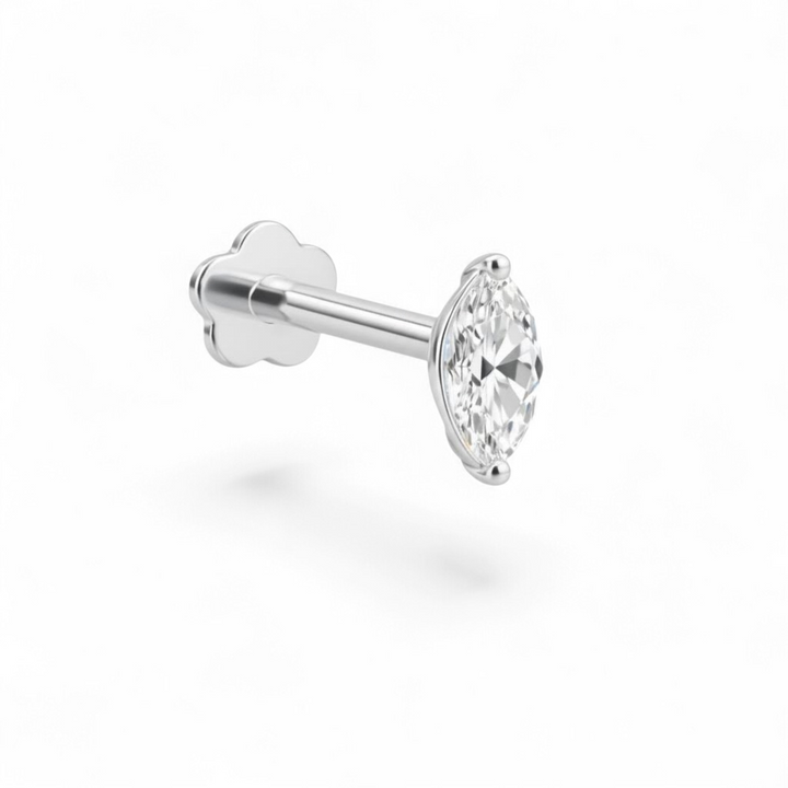 Petite 14K white gold curve CZ flatback earring featuring a gently curved row of stones.
