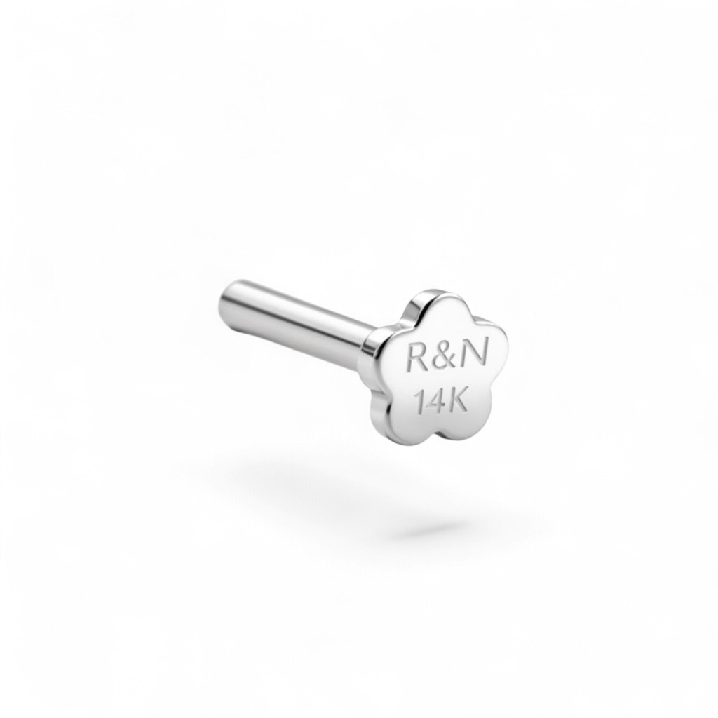 Petite 14K white gold flatback labret post with R&N engraving 