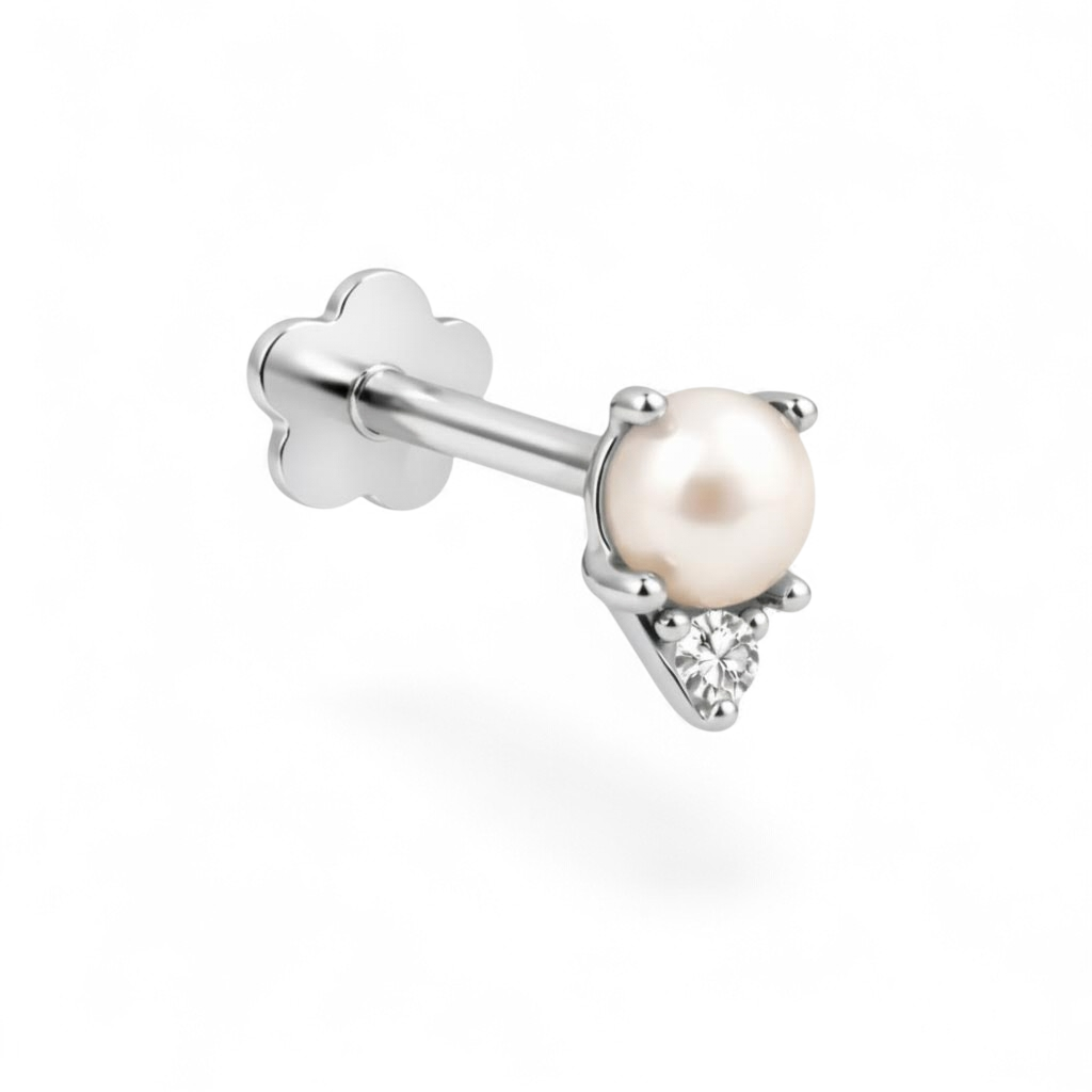 Petite 14K white gold pearl CZ flatback earring featuring a 4mm freshwater pearl with a 2mm cubic zirconia drop.