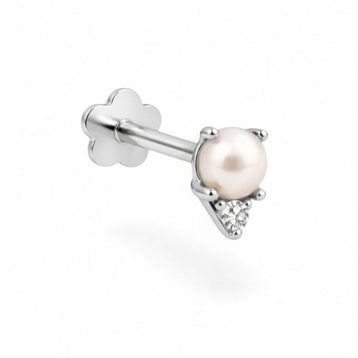 Petite 14K white gold pearl CZ flatback earring featuring a 4mm freshwater pearl with a 2mm cubic zirconia drop.