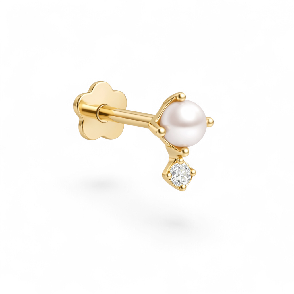 Petite 14K yellow gold pearl CZ flatback earring featuring a 4mm freshwater pearl paired with a 2mm cubic zirconia accent.