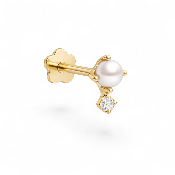 Petite 14K yellow gold pearl CZ flatback earring featuring a 4mm freshwater pearl paired with a 2mm cubic zirconia accent.