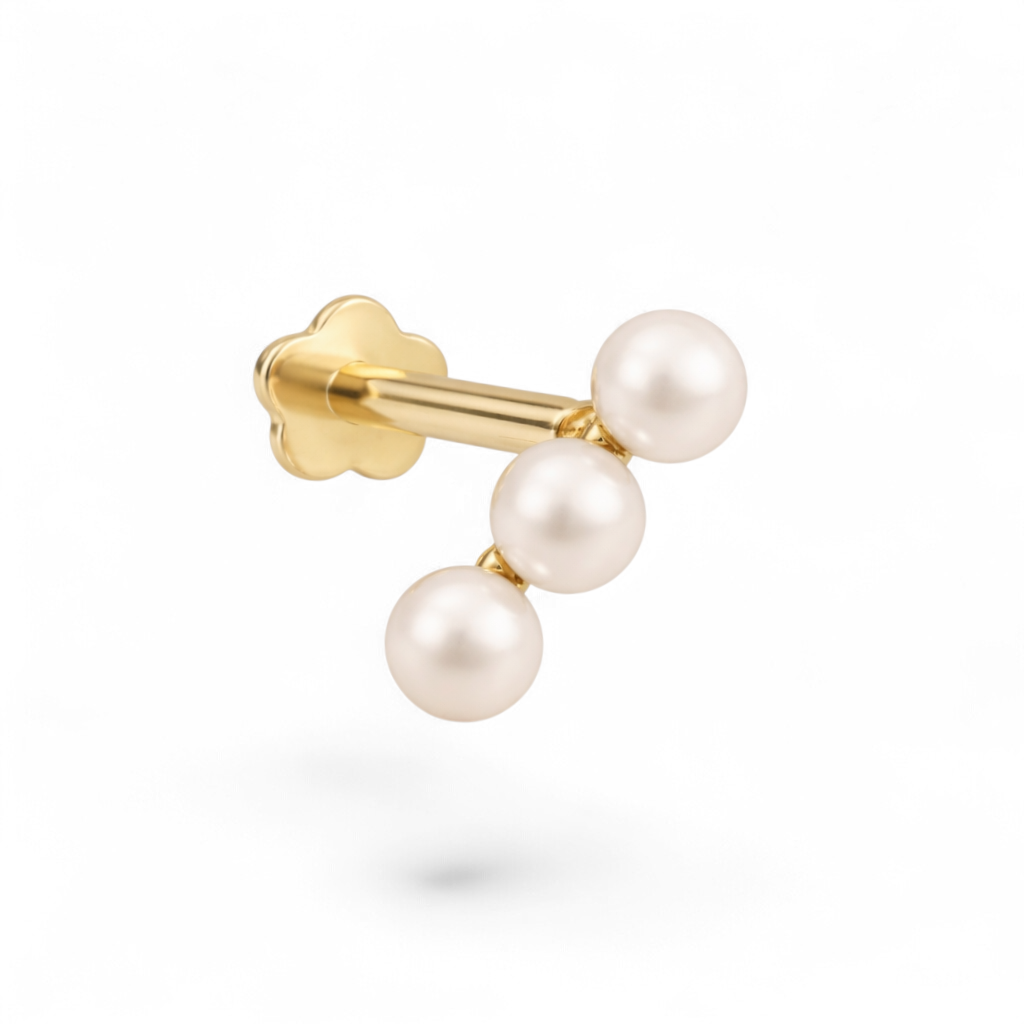 Petite 14K yellow gold pearl bar flatback earring featuring a linear arrangement of freshwater pearls.