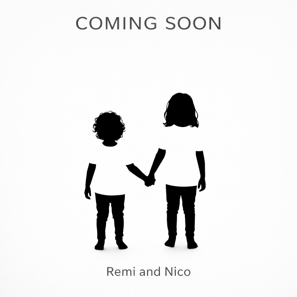 Silhouette of two people holding hands with 'Coming Soon' text and 'Remi and Nico' below on a white background.