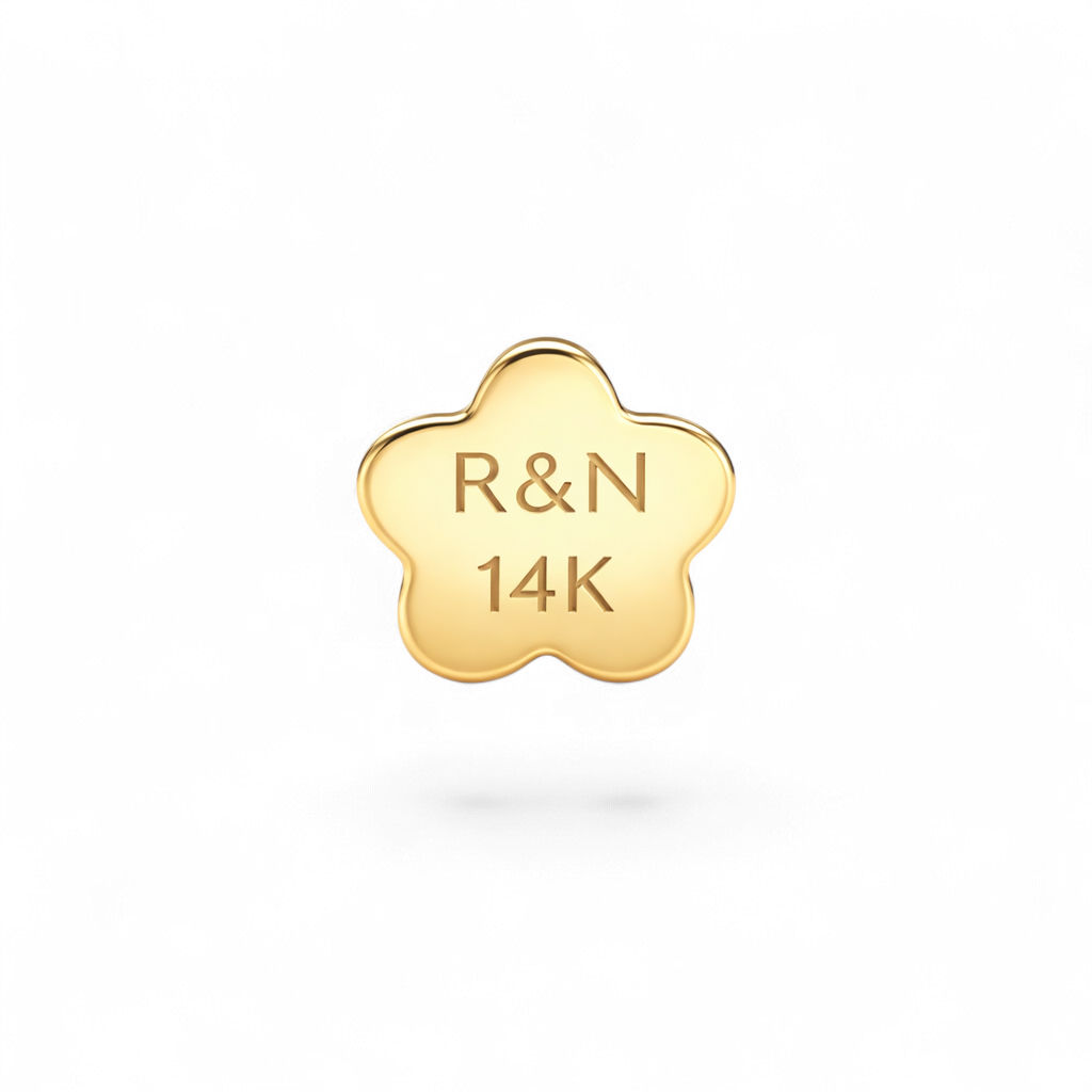 Gold star-shaped flatback with 'R&N 14K' engraving on a white background.
