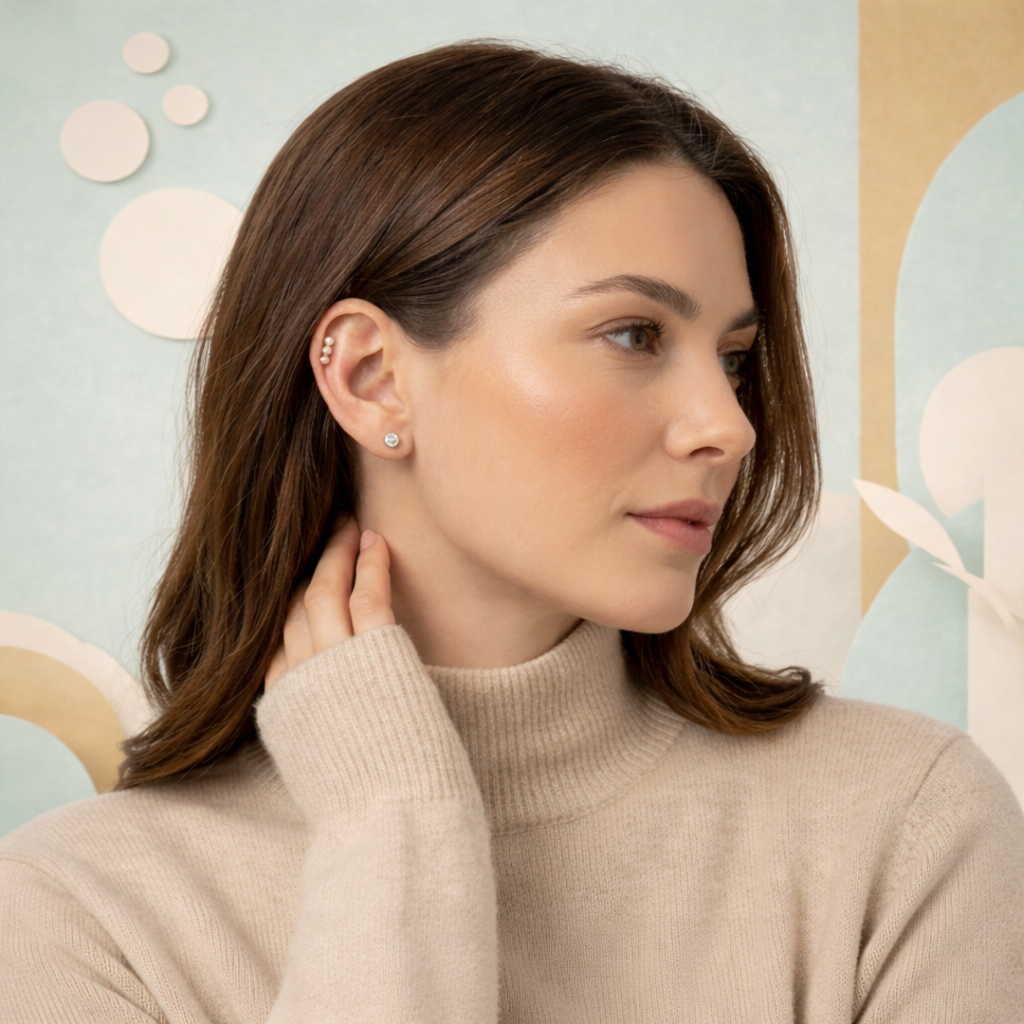 Woman wearing earrings with a light-colored background