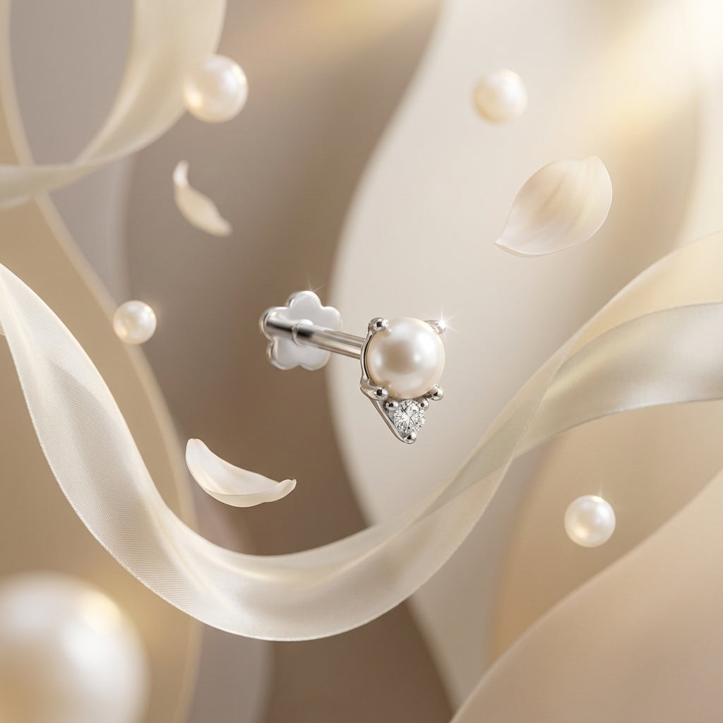 Pearl earring with diamond on a soft floral background