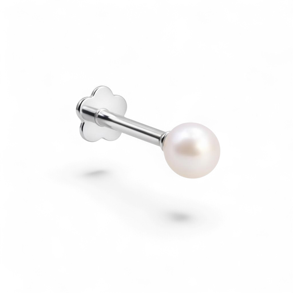 Petite 14K white gold baby pearl flatback earring featuring a Swarovski glass pearl.