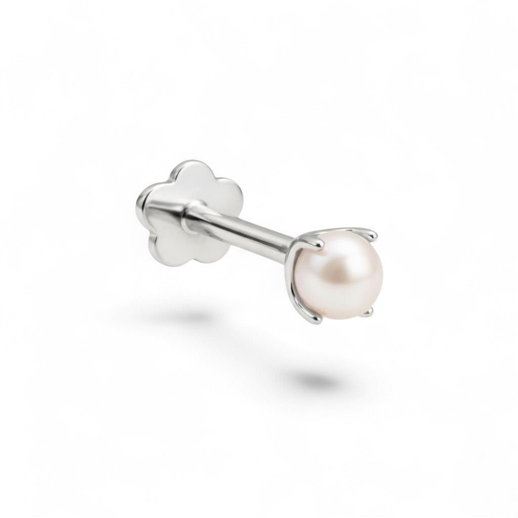Petite 14K white gold baby pearl threaded labret earring with a smooth flatback and secure internal threading.