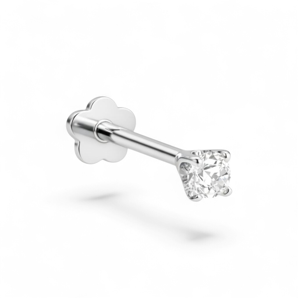 Petite 14K white gold baby solitaire flatback earring featuring a 2.5mm stone.