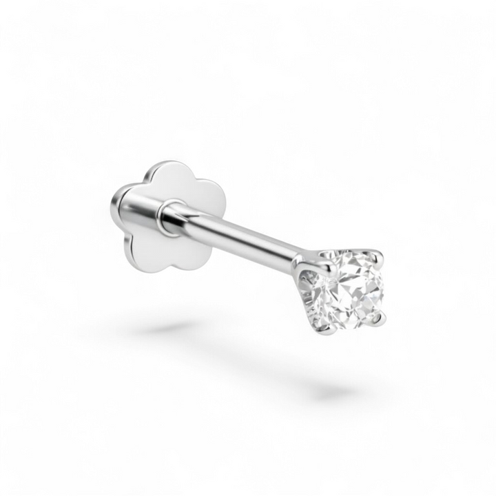 Petite 14K white gold baby solitaire flatback earring featuring a 2.5mm stone.