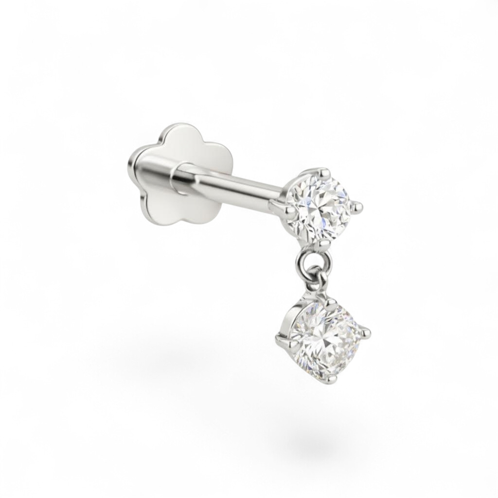Petite 14K white gold dangle CZ flatback earring featuring a refined drop design.