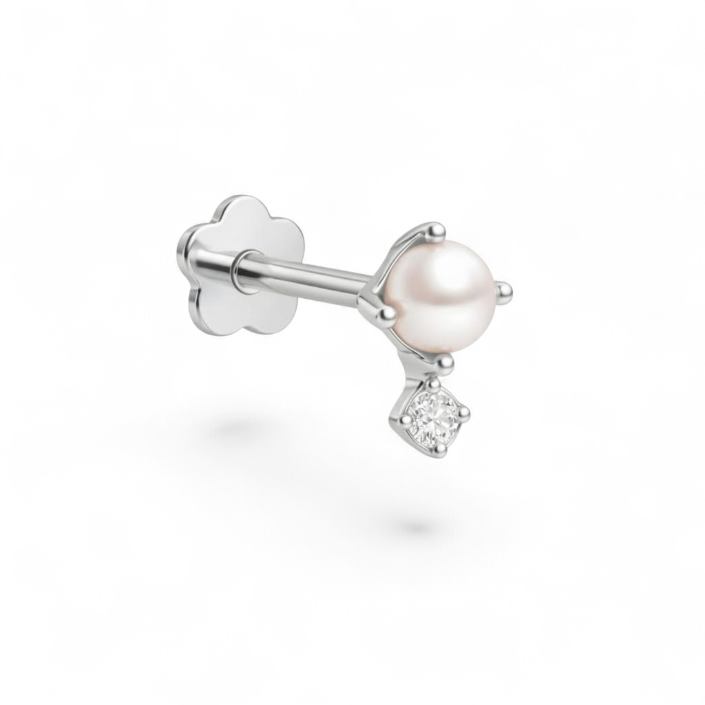 Petite 14K white gold pearl CZ flatback earring featuring a 4mm freshwater pearl paired with a 2mm cubic zirconia accent.