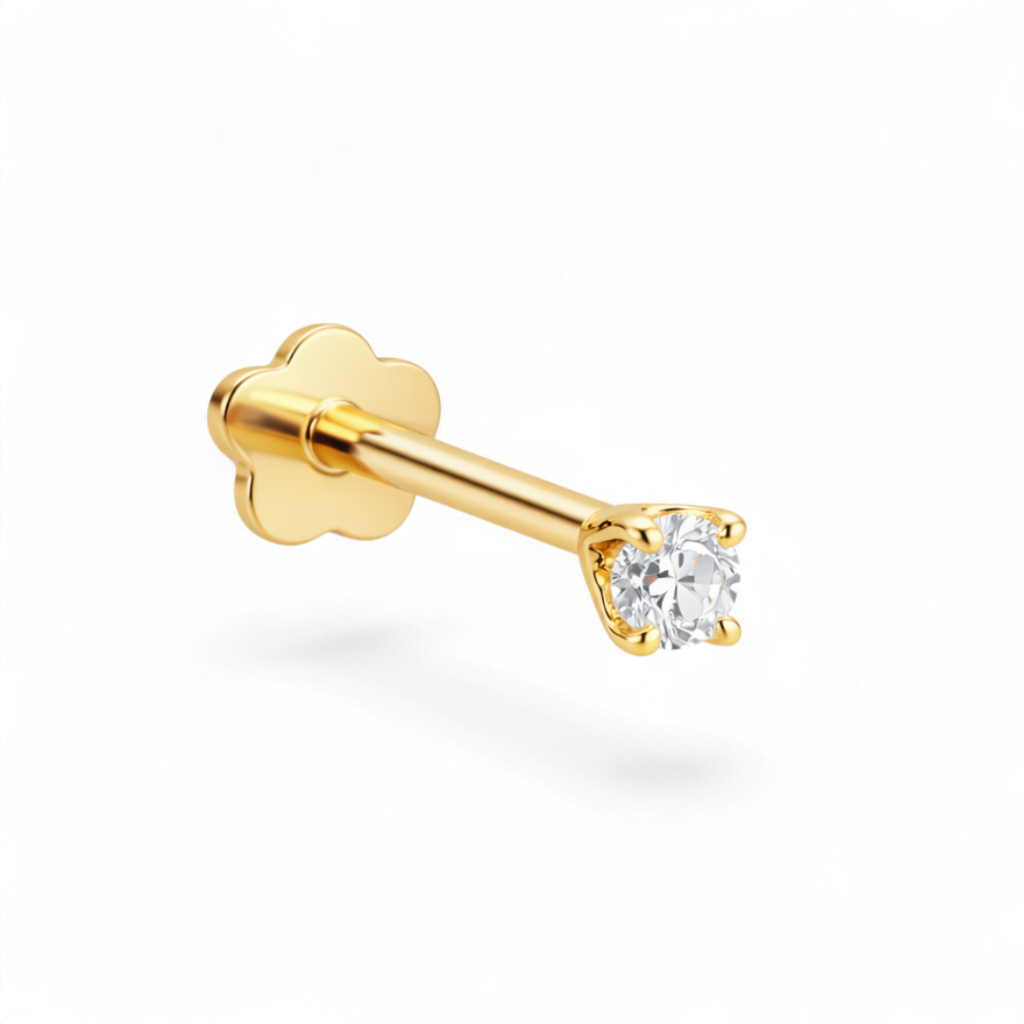 Petite 14K yellow gold baby solitaire flatback earring featuring a 2mm stone.