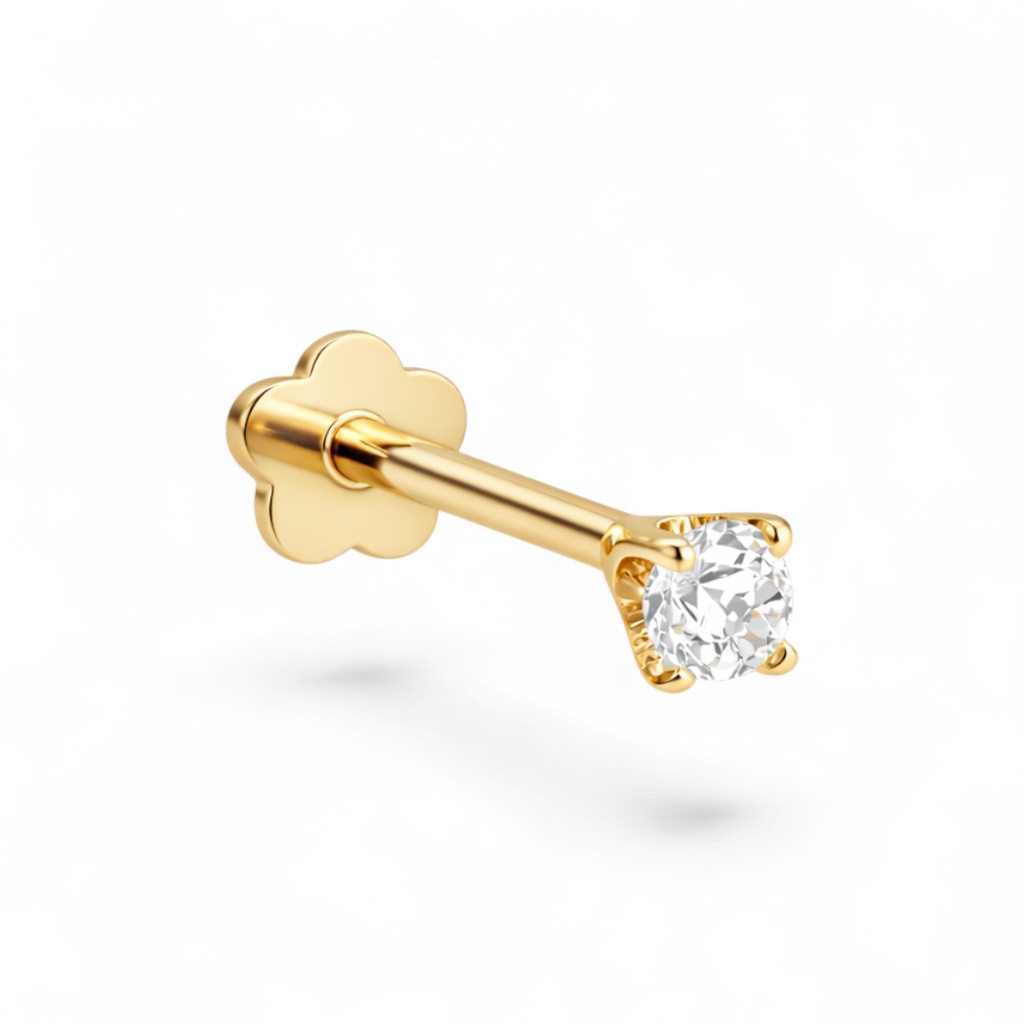 Petite 14K yellow gold baby solitaire flatback earring featuring a 2.5mm stone.
