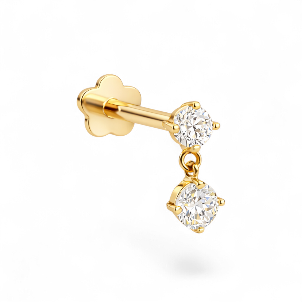 Petite 14K yellow gold dangle CZ flatback earring featuring a refined drop design.