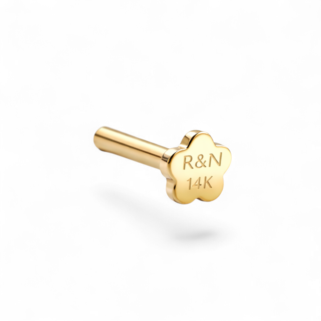 Petite 14K yellow gold flatback labret post with R&N engraving