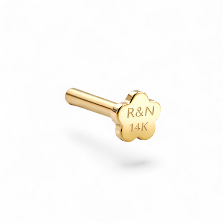 Petite 14K yellow gold flatback labret post with R&N engraving