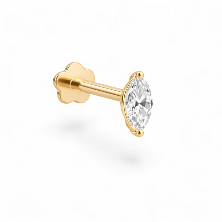Petite 14K yellow gold marquise cut flatback earring featuring a marquise-shaped stone.