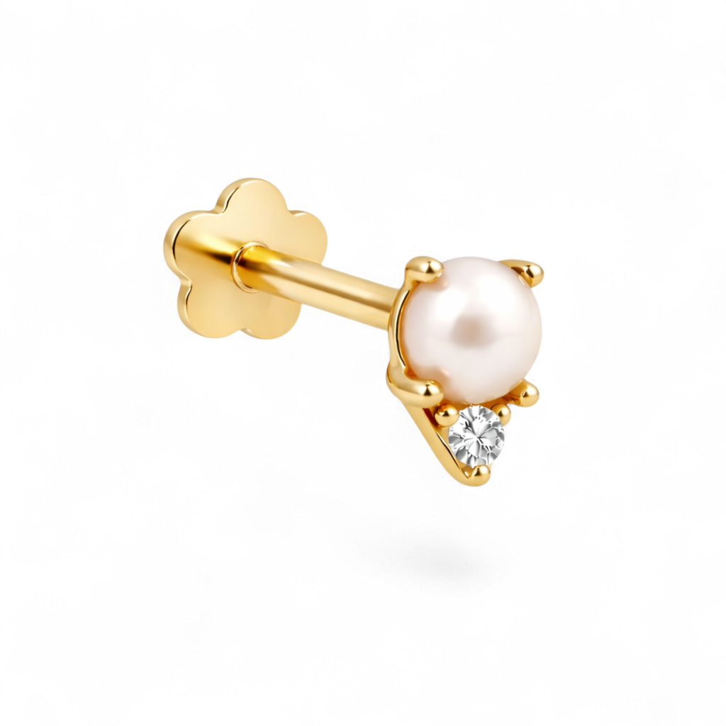 Petite 14K yellow gold pearl CZ flatback earring featuring a 4mm freshwater pearl with a 2mm cubic zirconia drop.