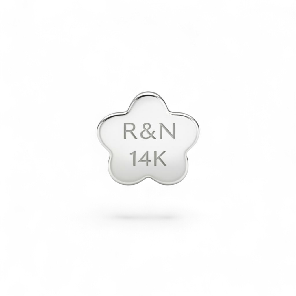 Silver star-shaped flatback with 'R&N 14K' engraving on a white background