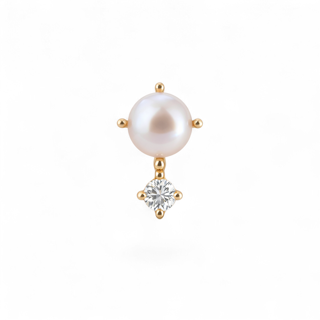 Single 14K gold earring with pearl and diamond on a white background