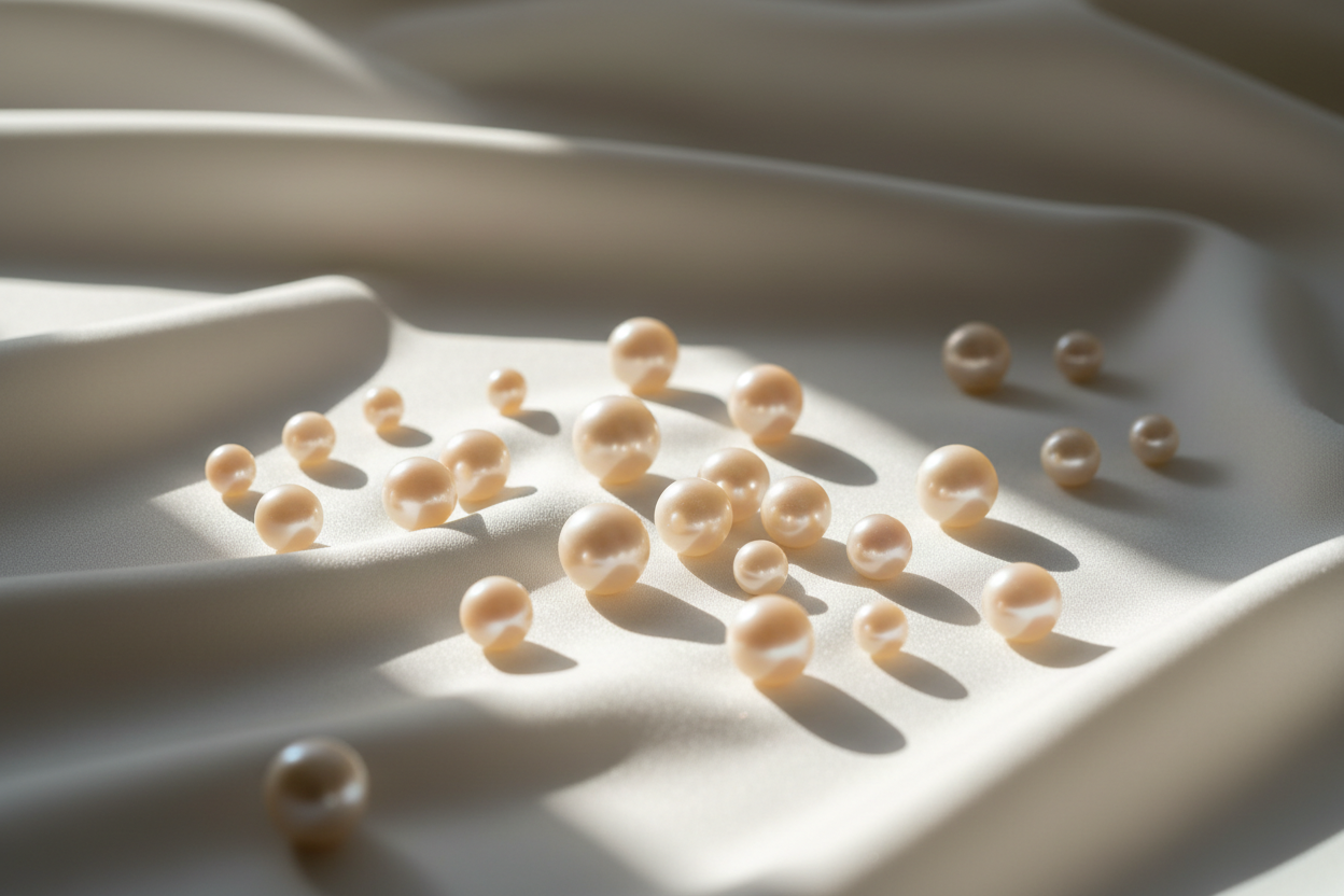 Loose pearls on an ivory silk sheet