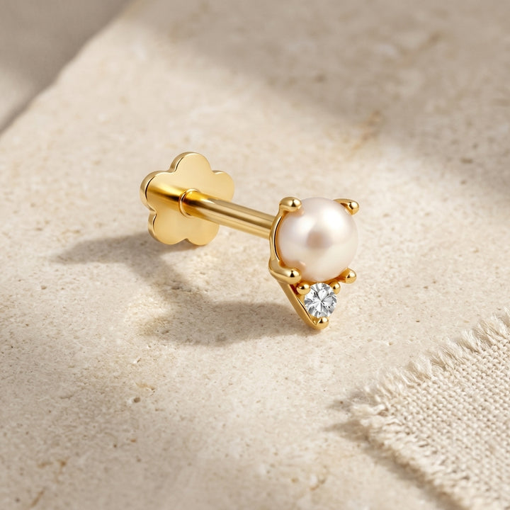 14K Gold Pearl CZ 2 Flatback Earring.