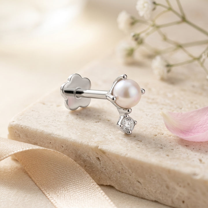14K White Gold Pearl CZ Flatback Earring