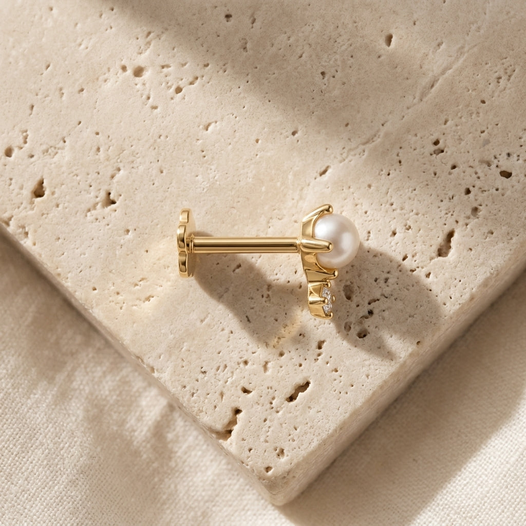 14K Gold Pearl CZ Flatback Earring