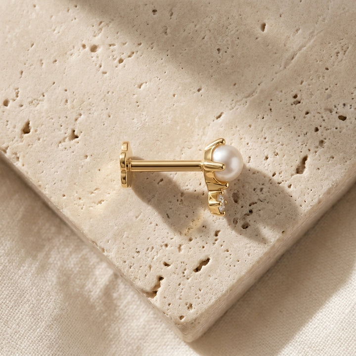 14K Gold Pearl CZ Flatback Earring