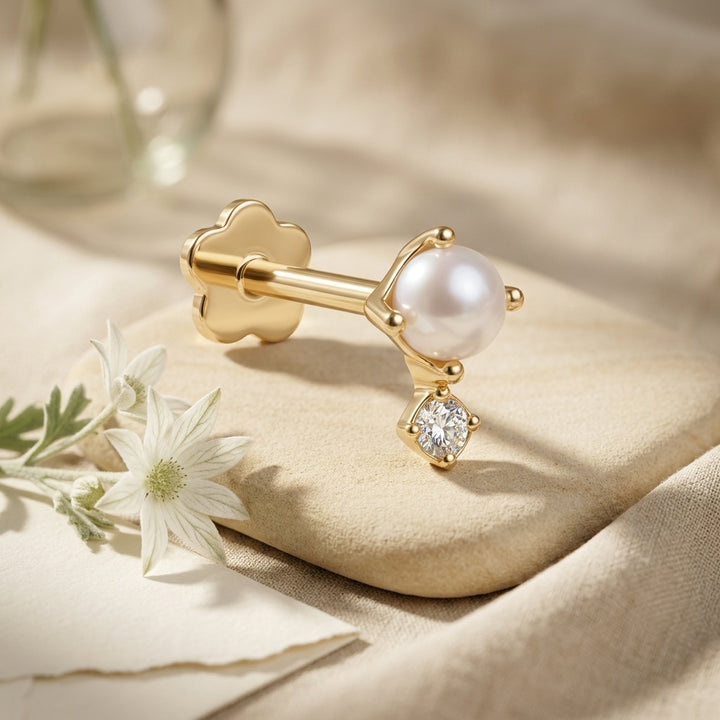 14K Gold Pearl CZ Flatback Earring