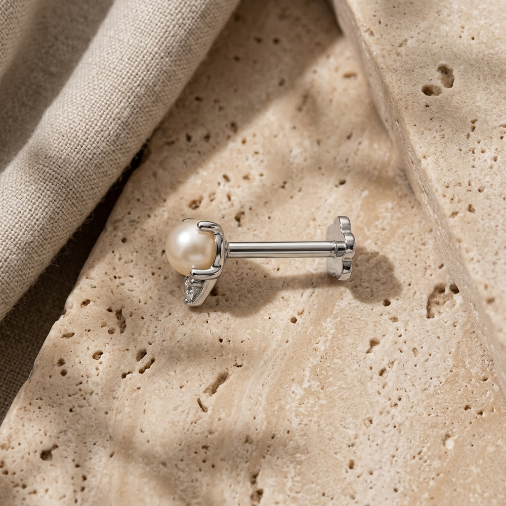 14K White Gold Pearl CZ 2 Flatback Earring