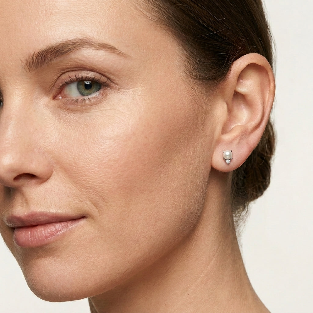 14K White Gold Pearl CZ 2 Flatback Earring
