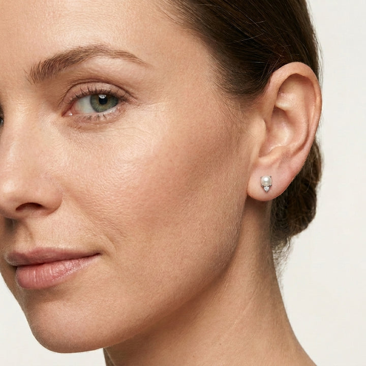 14K White Gold Pearl CZ 2 Flatback Earring