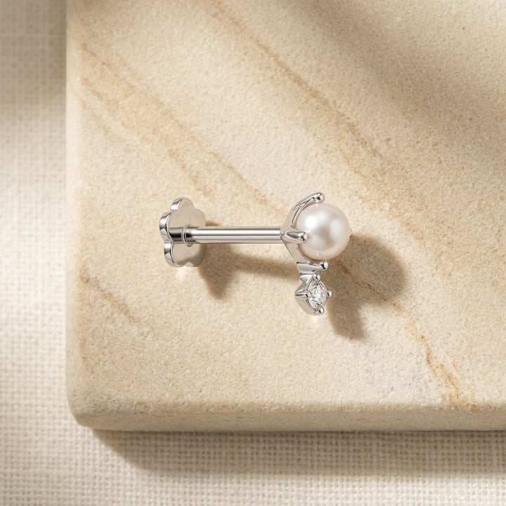 14K White Gold Pearl CZ Flatback Earring