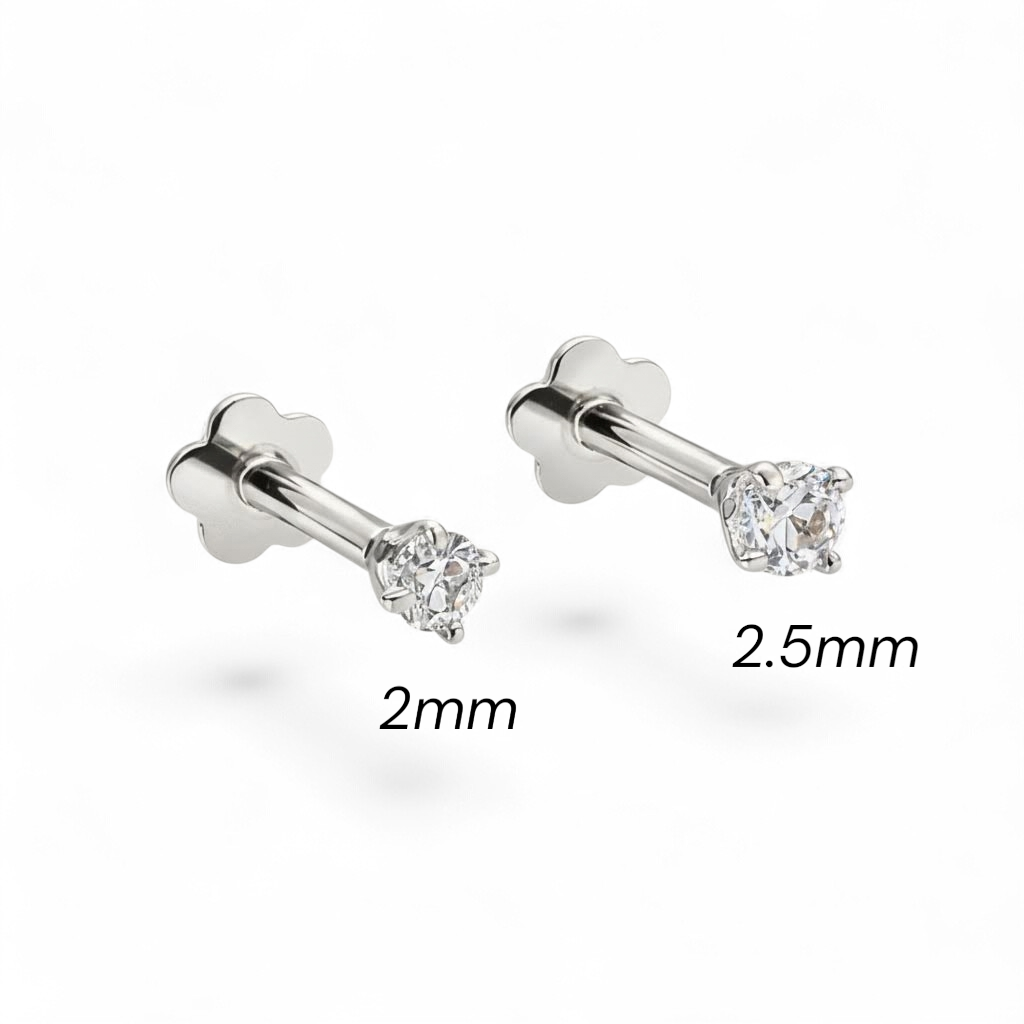 14K White Gold Baby Solitaire Flatback Earring - 2mm